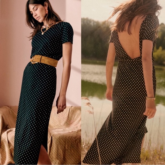 SEZANE Black & White Polka Dot Printed Open Back Organic Cotton Luce Midi Dress - Picture 12 of 14